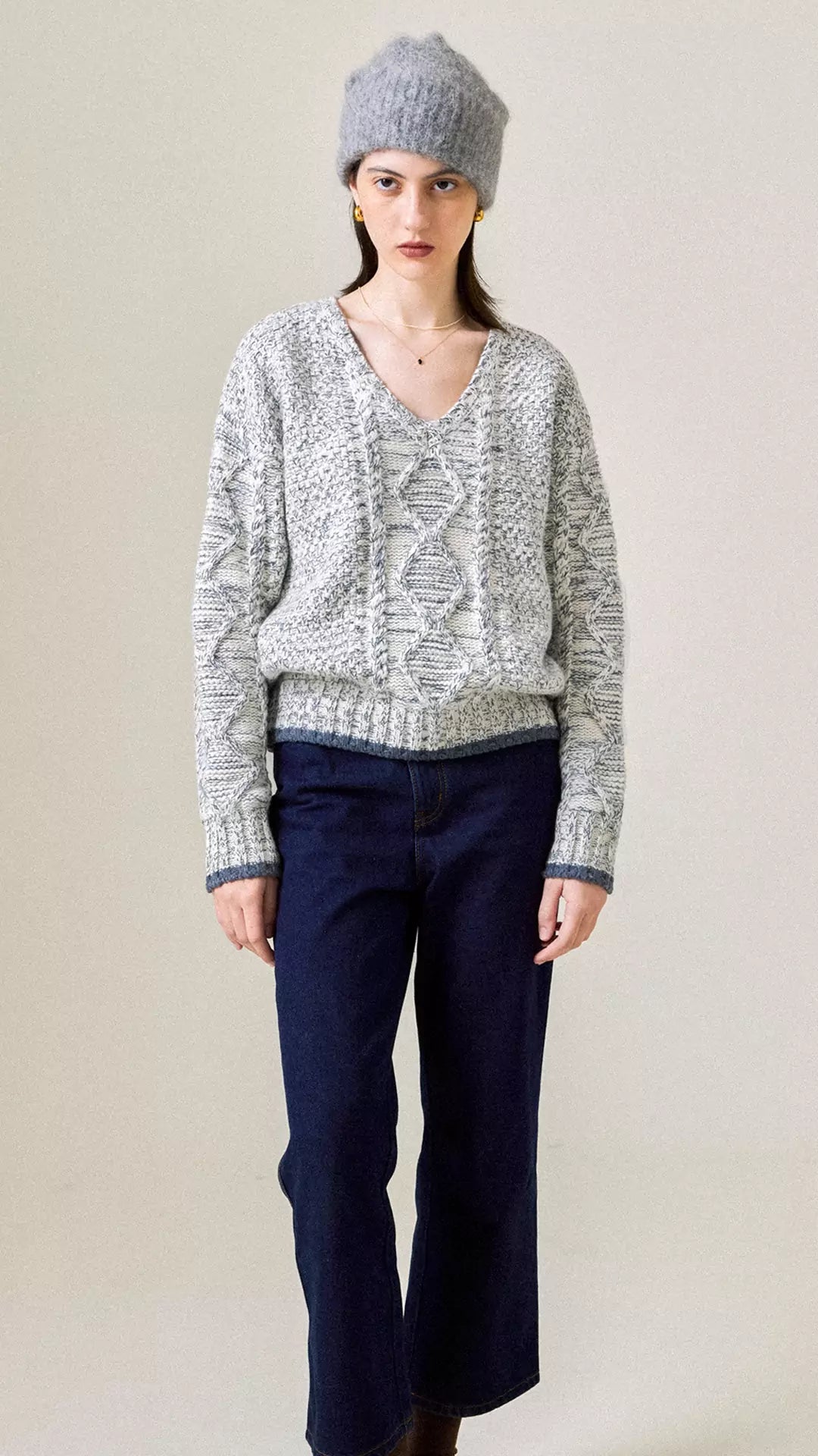 Cable-Knit Color-Block V-Neck Classic Sweater