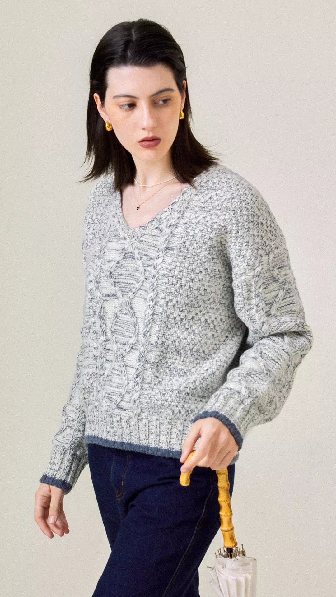 Cable-Knit Color-Block V-Neck Classic Sweater