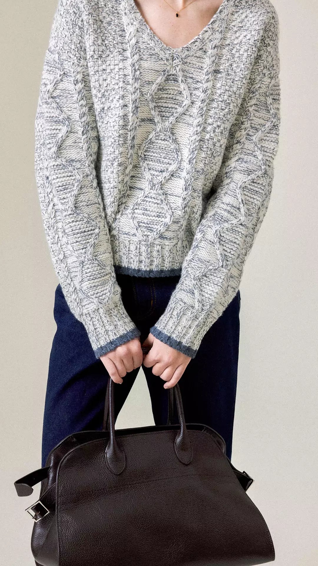 Cable-Knit Color-Block V-Neck Classic Sweater