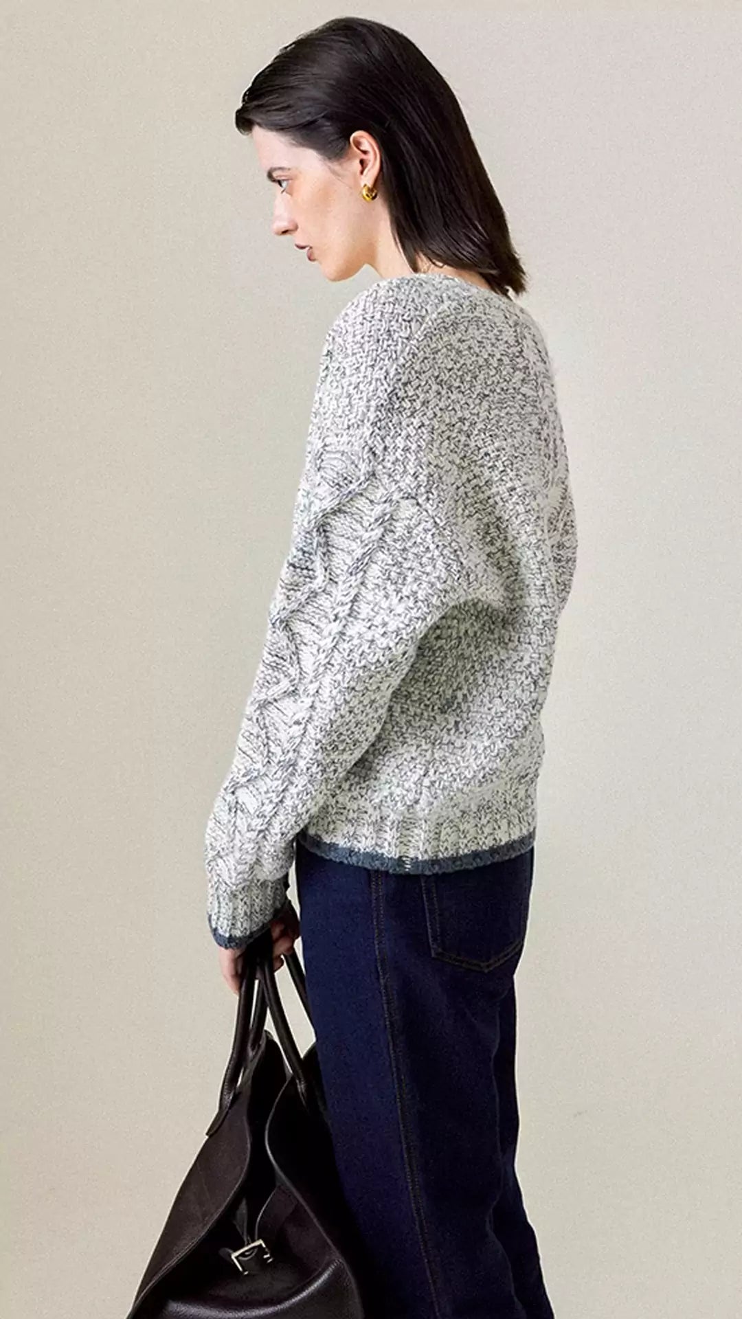 Cable-Knit Color-Block V-Neck Classic Sweater