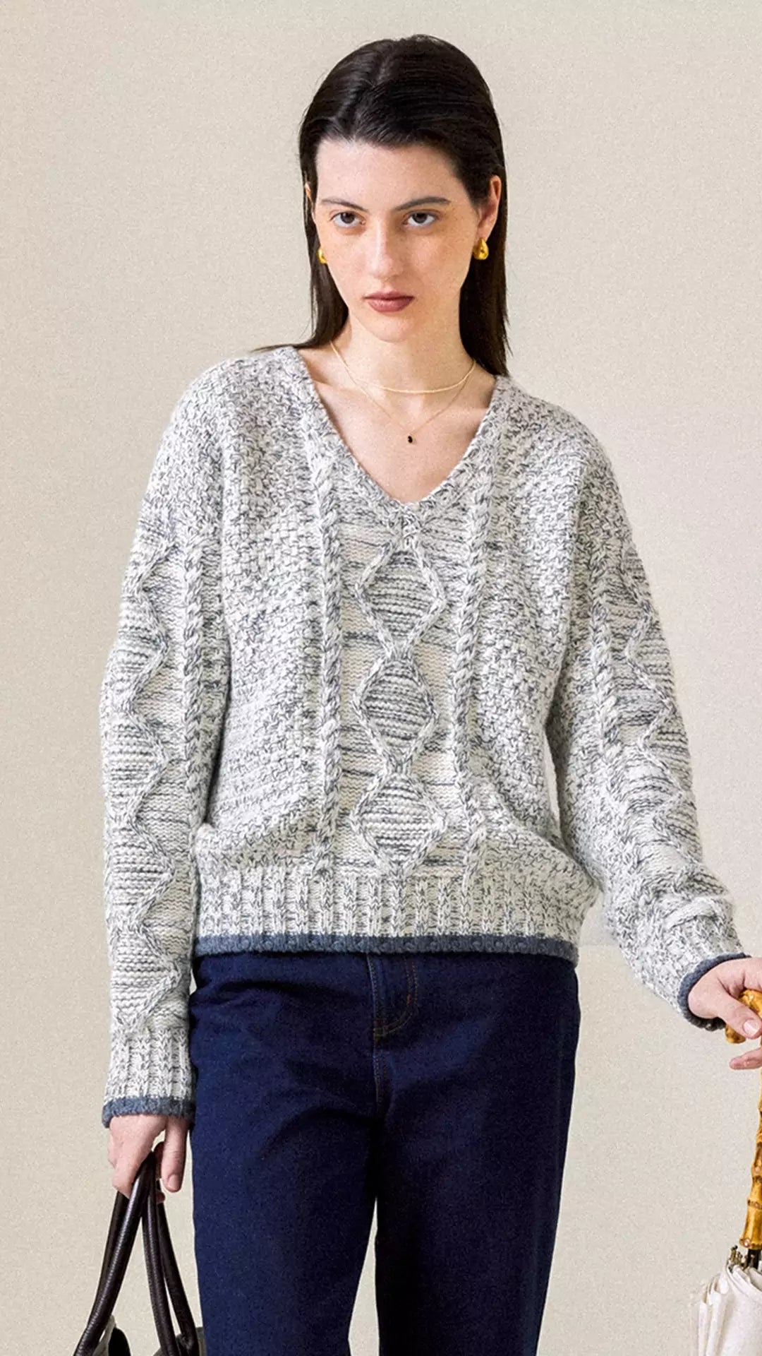 Cable-Knit Color-Block V-Neck Classic Sweater