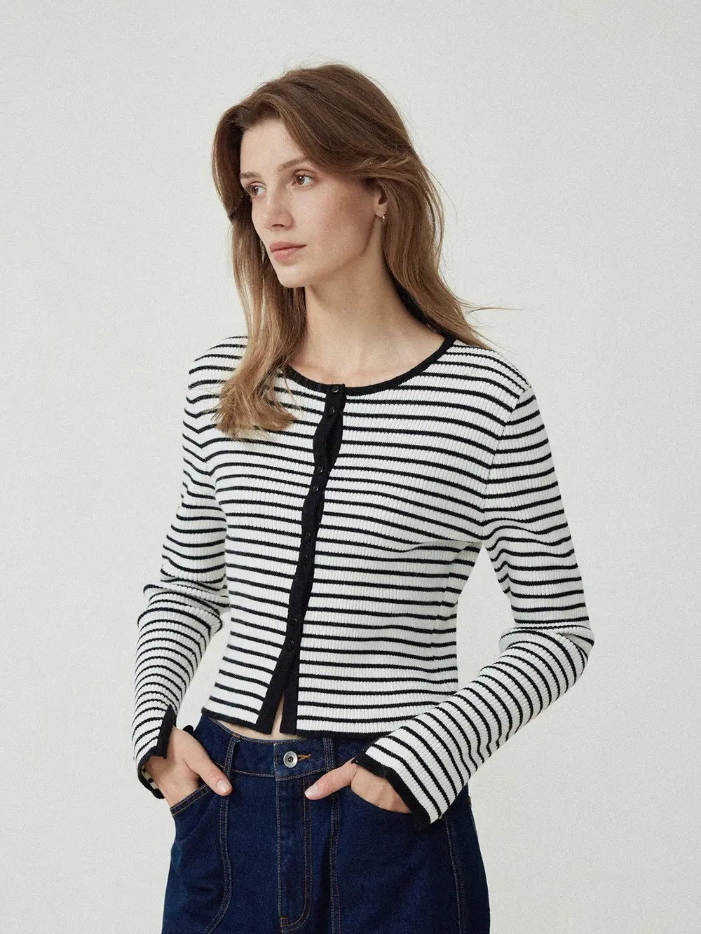 Stripe Round Neck Knitted Cardigan