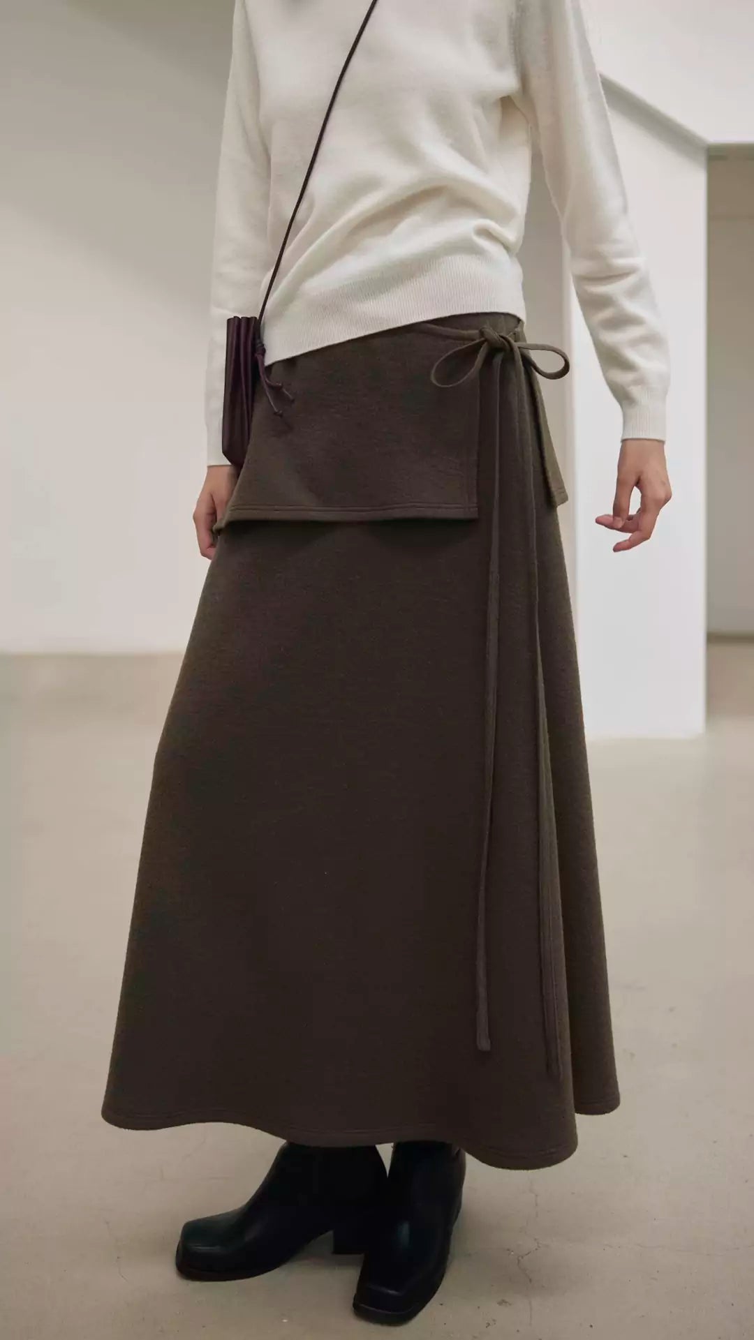 Wool A-Line Midi Skirt with Detachable Sheepskin Belt