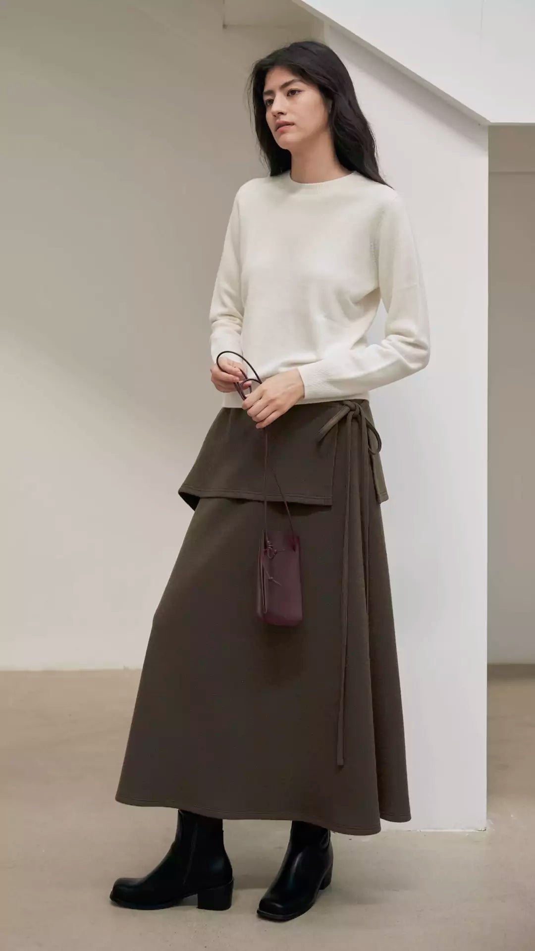 Wool A-Line Midi Skirt with Detachable Sheepskin Belt