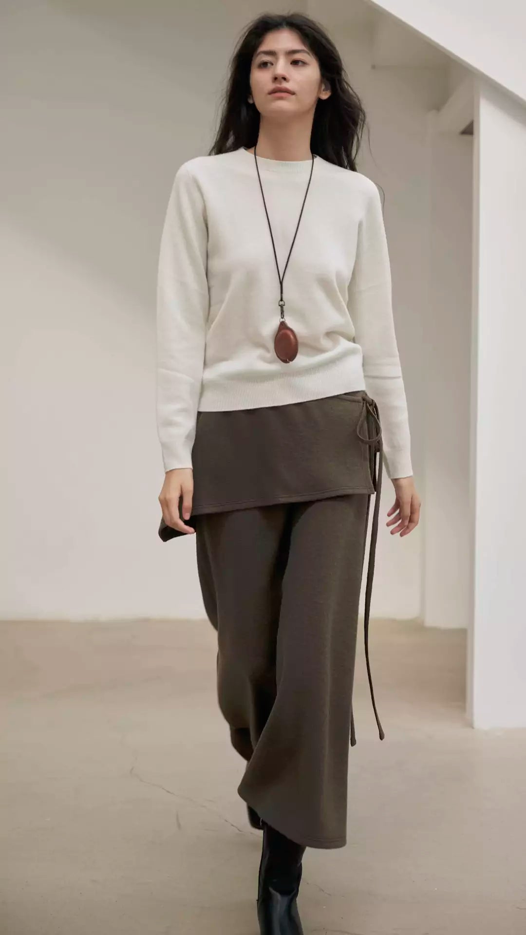 Wool A-Line Midi Skirt with Detachable Sheepskin Belt