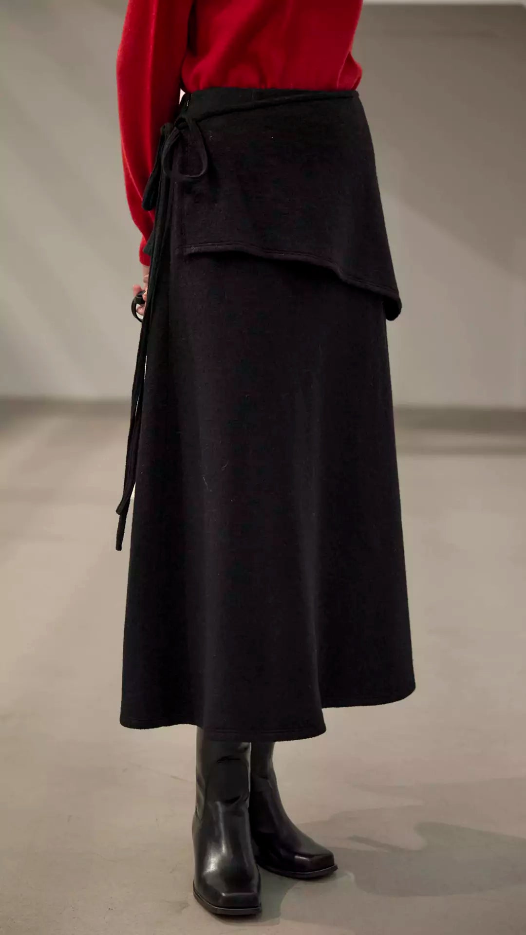 Wool A-Line Midi Skirt with Detachable Sheepskin Belt