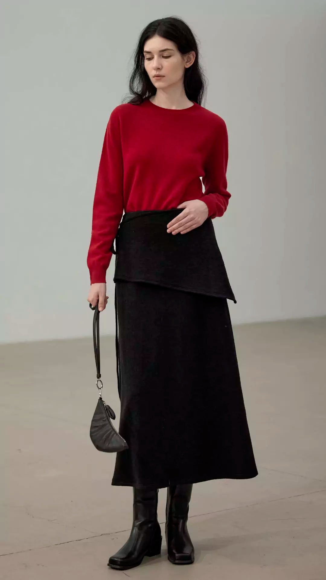 Wool A-Line Midi Skirt with Detachable Sheepskin Belt