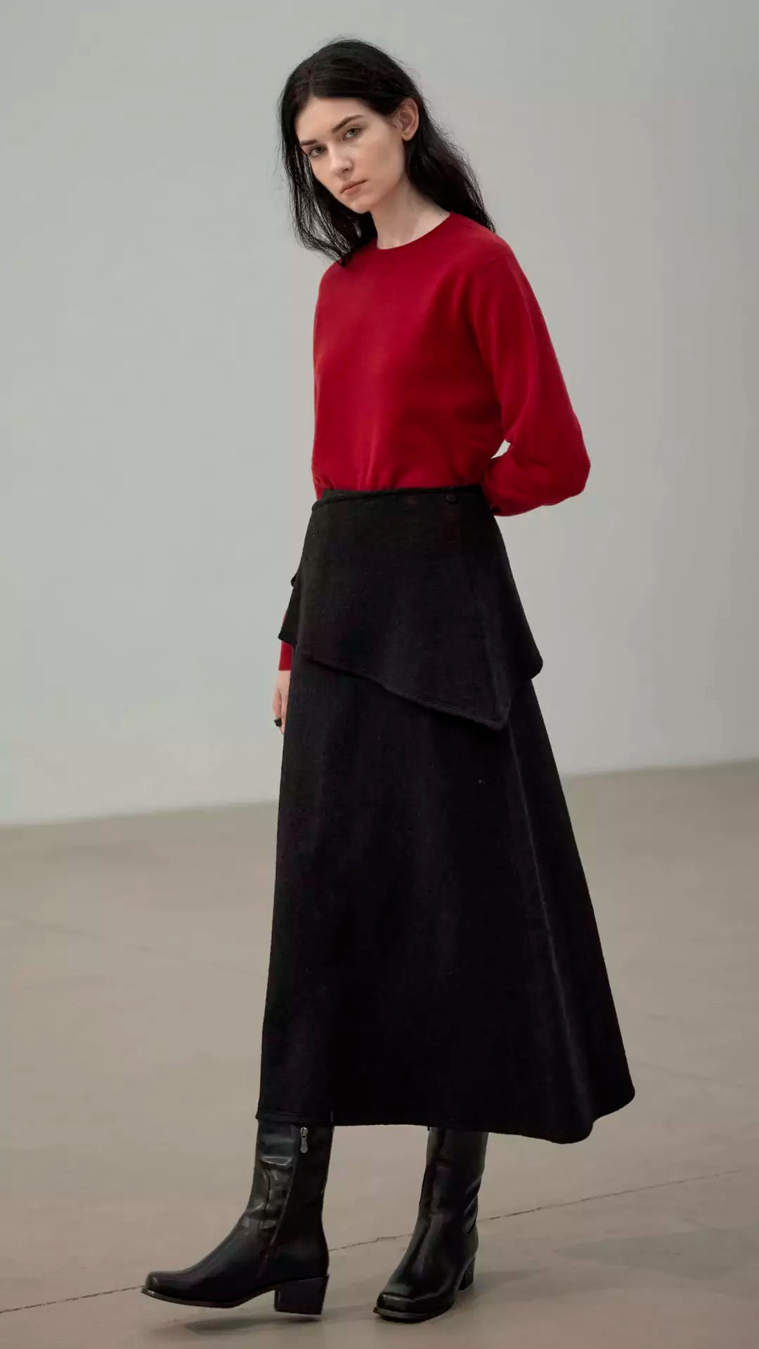 Wool A-Line Midi Skirt with Detachable Sheepskin Belt