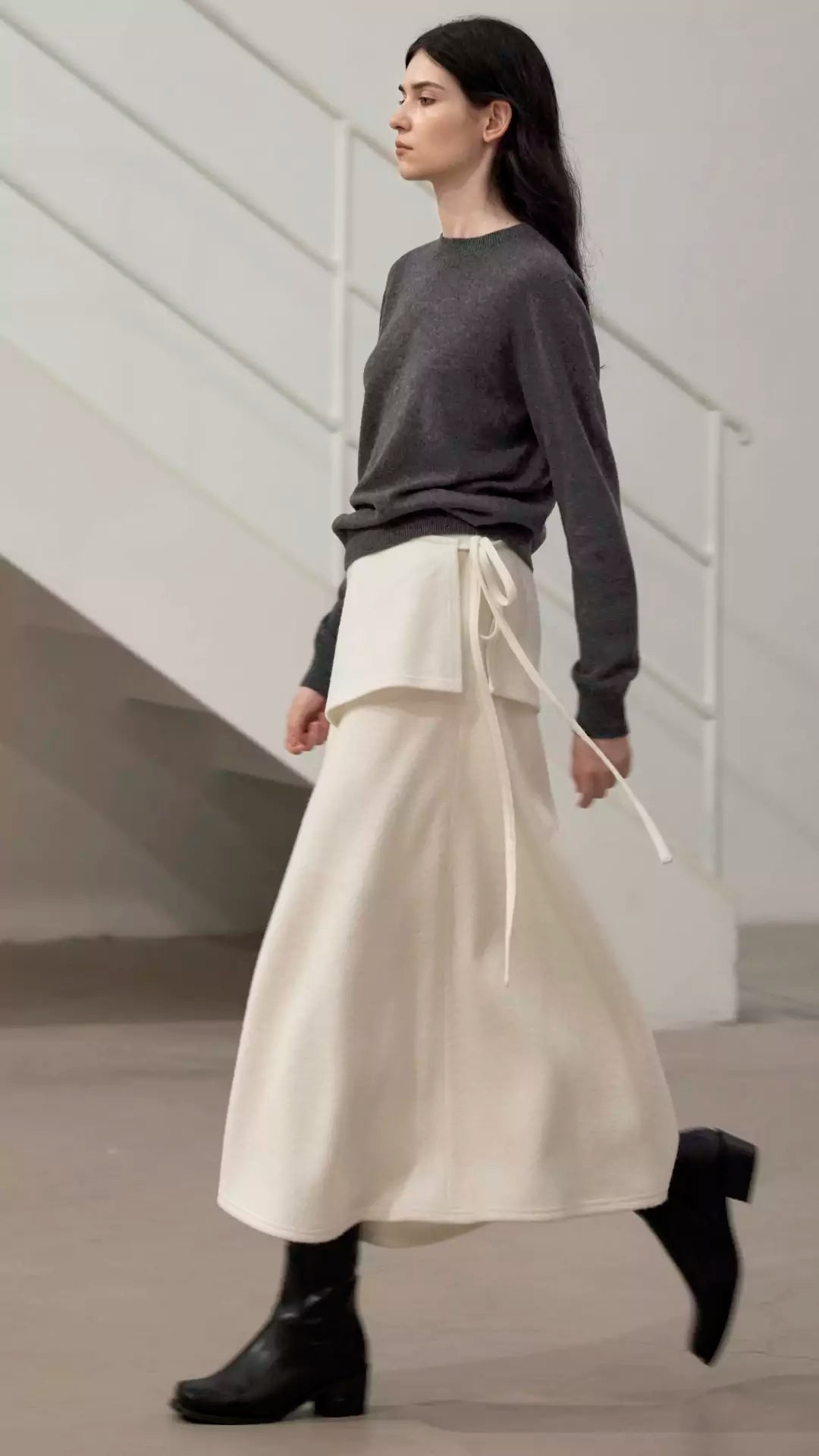 Wool A-Line Midi Skirt with Detachable Sheepskin Belt