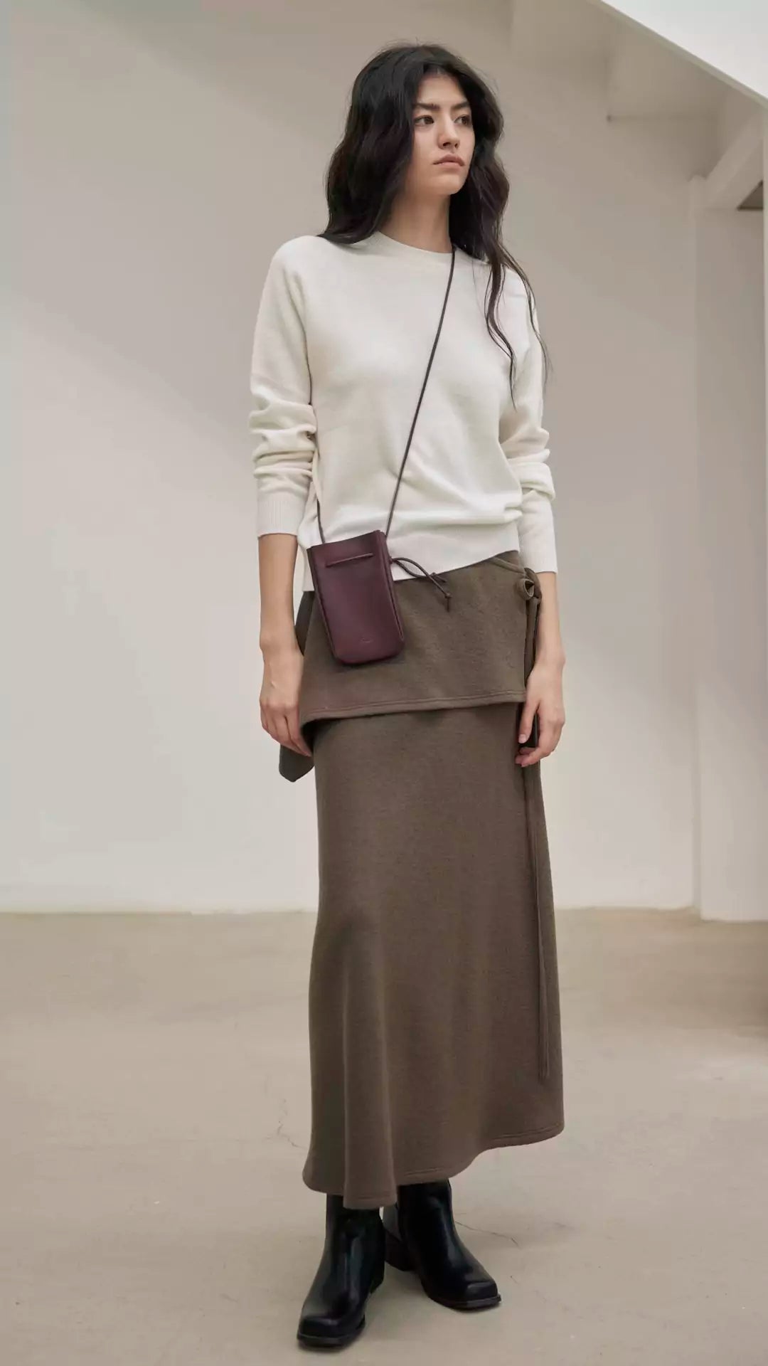 Wool A-Line Midi Skirt with Detachable Sheepskin Belt