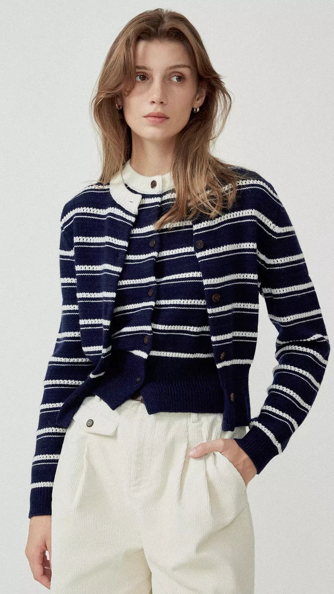 Wool Blend Hollow Stripe Color Block Knit Cardigan