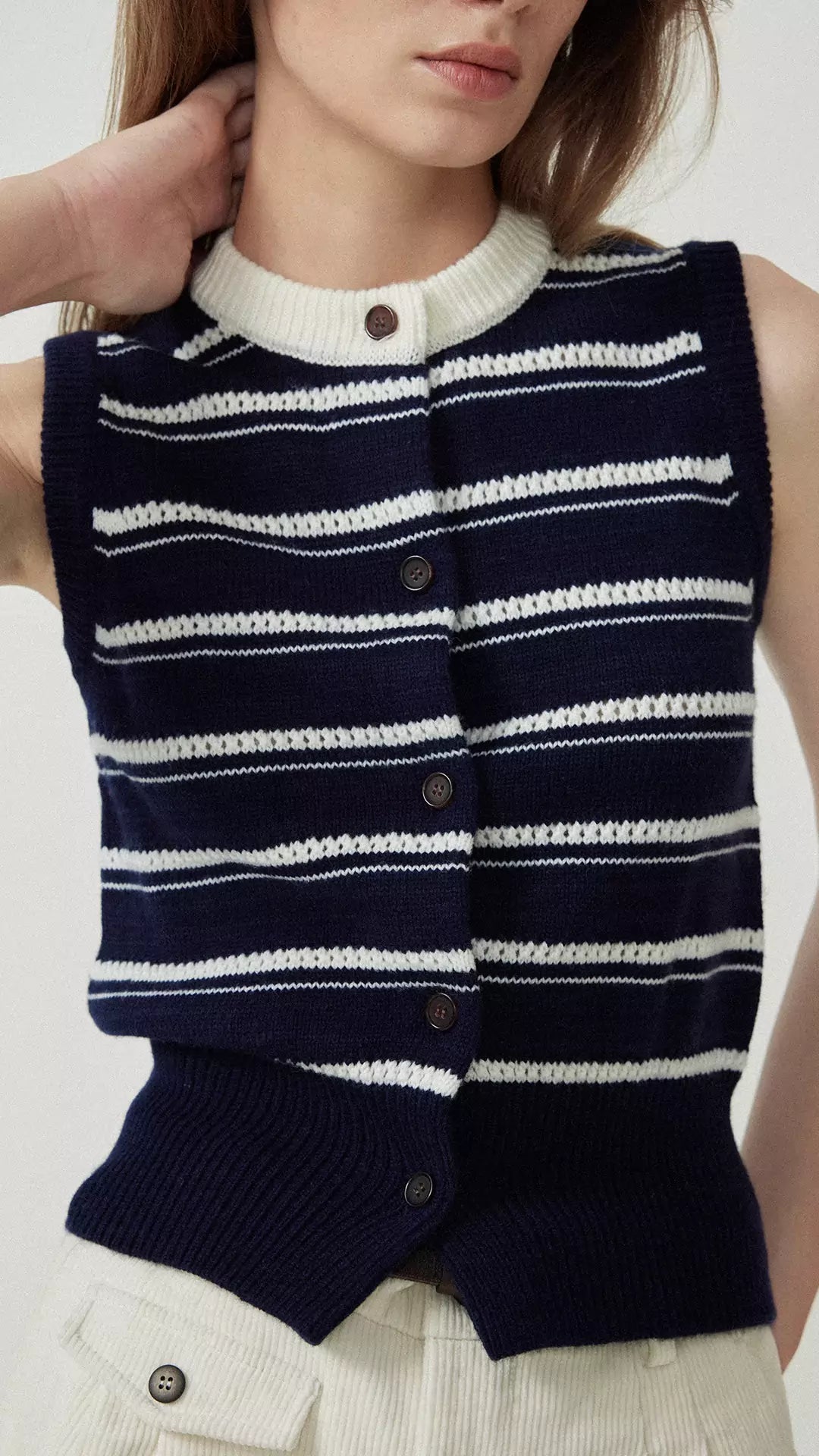 Wool Blend Hollow Stripe Color Block Knit Vest