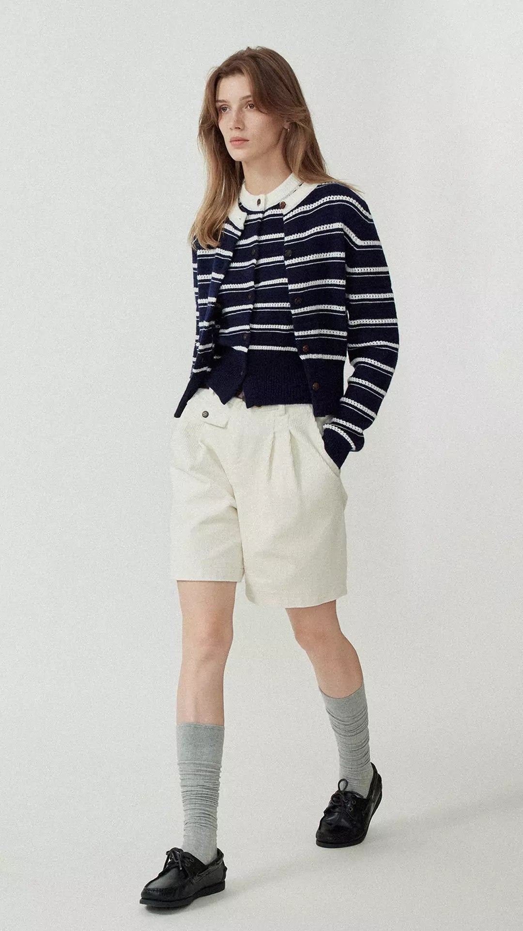 Wool Blend Hollow Stripe Color Block Knit Cardigan