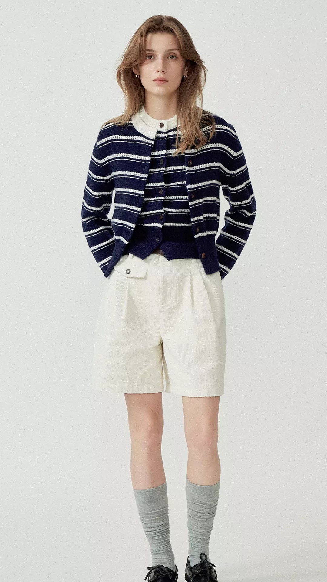 Wool Blend Hollow Stripe Color Block Knit Cardigan