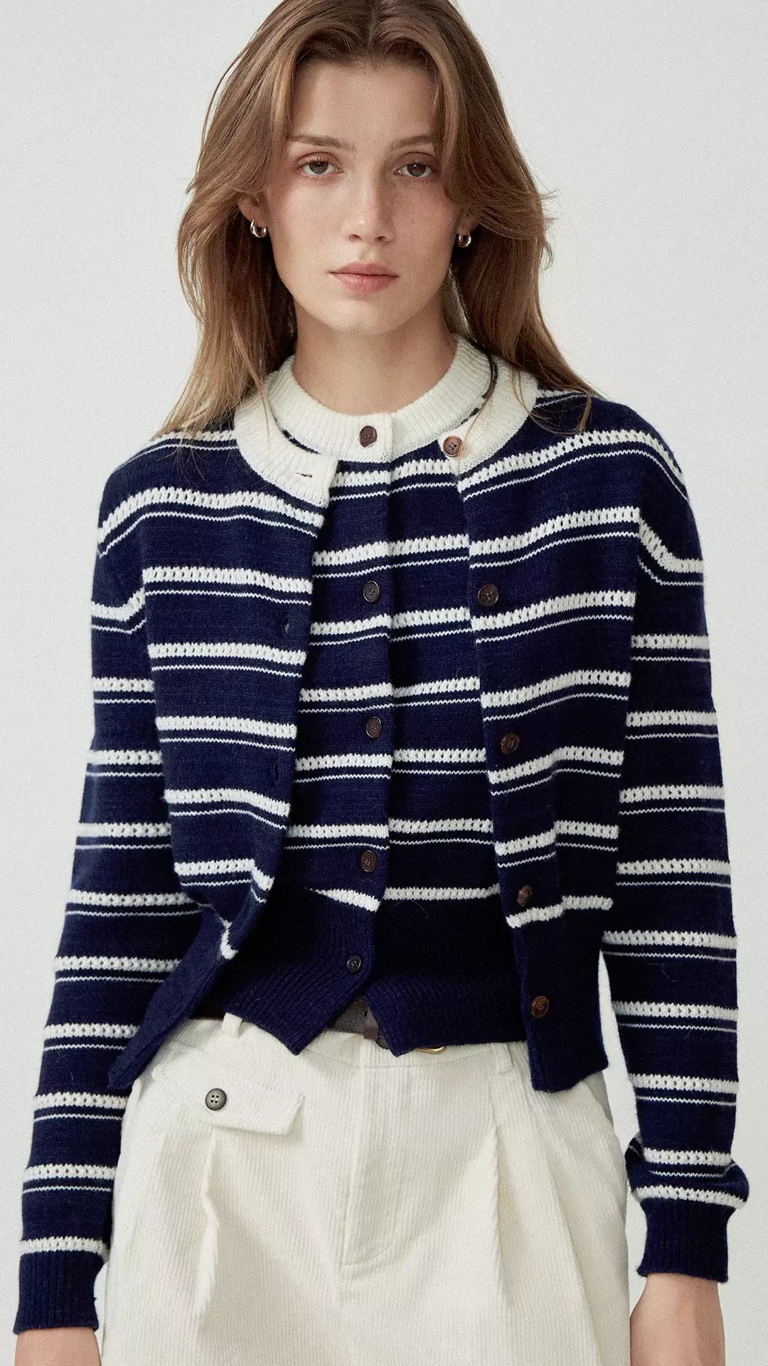 Wool Blend Hollow Stripe Color Block Knit Cardigan