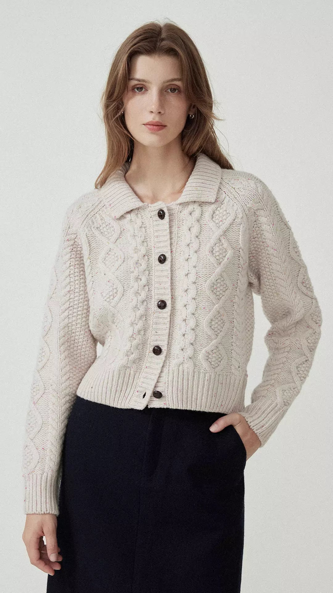 Cable Knit Collar Wool Cardigan