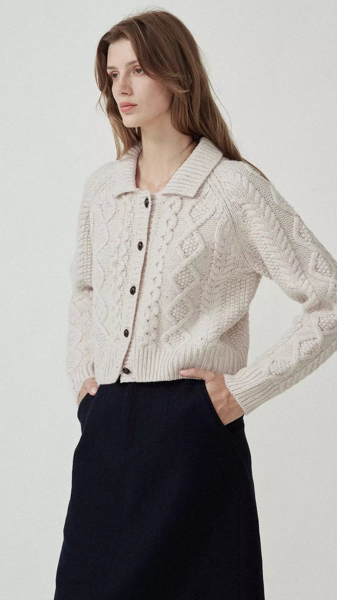 Cable Knit Collar Wool Cardigan