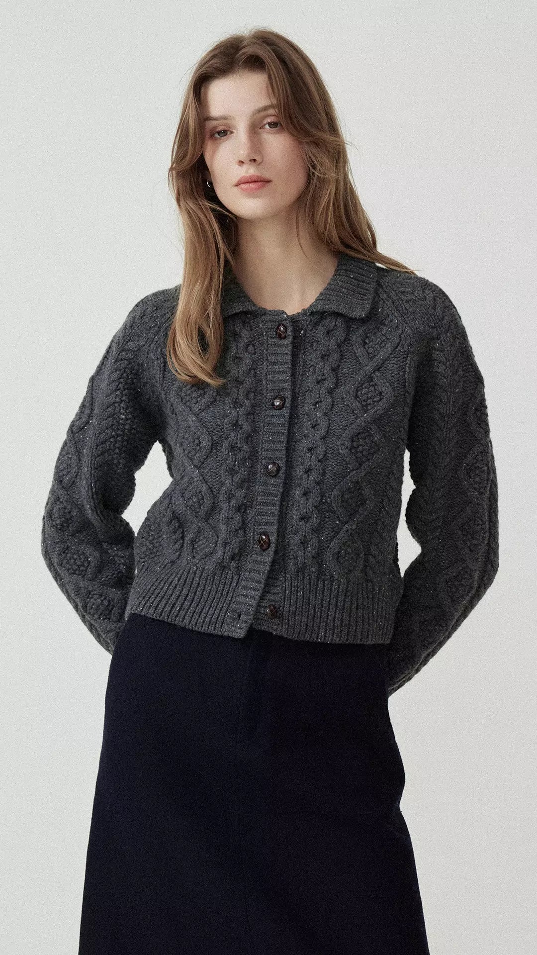 Cable Knit Collar Wool Cardigan