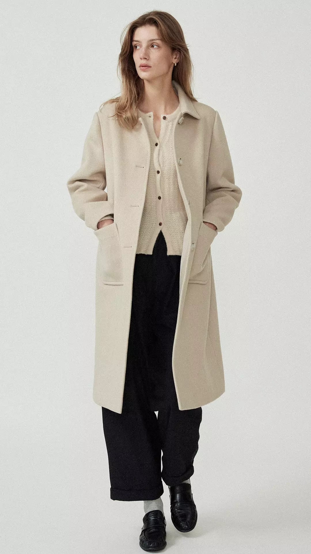 Long Pure Wool Turn-Down Collar Coat