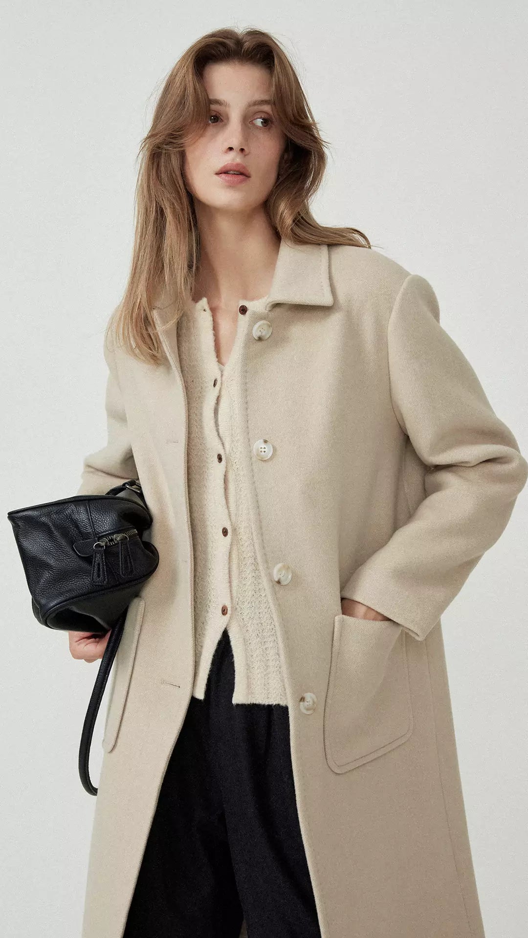 Long Pure Wool Turn-Down Collar Coat