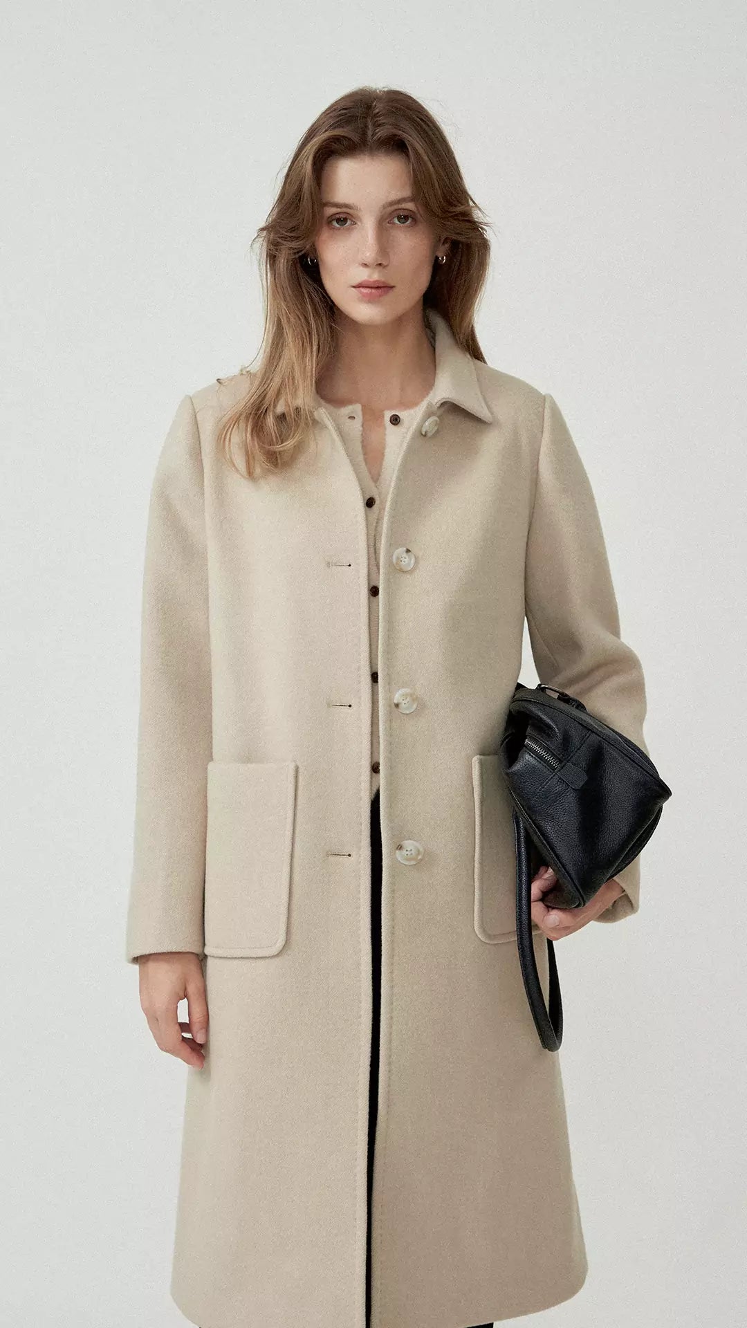 Long Pure Wool Turn-Down Collar Coat