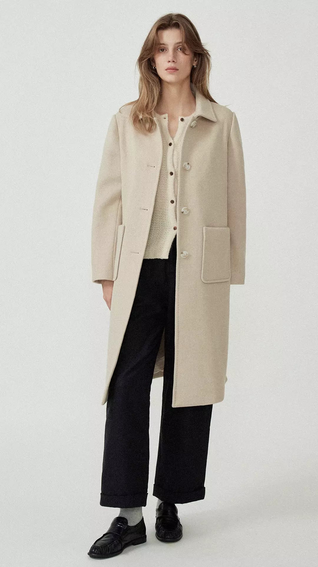 Long Pure Wool Turn-Down Collar Coat