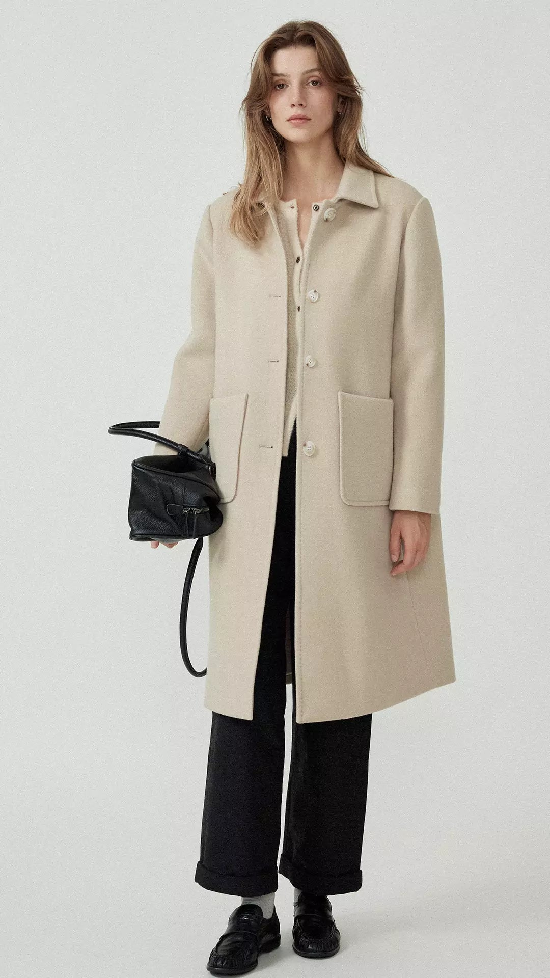 Long Pure Wool Turn-Down Collar Coat