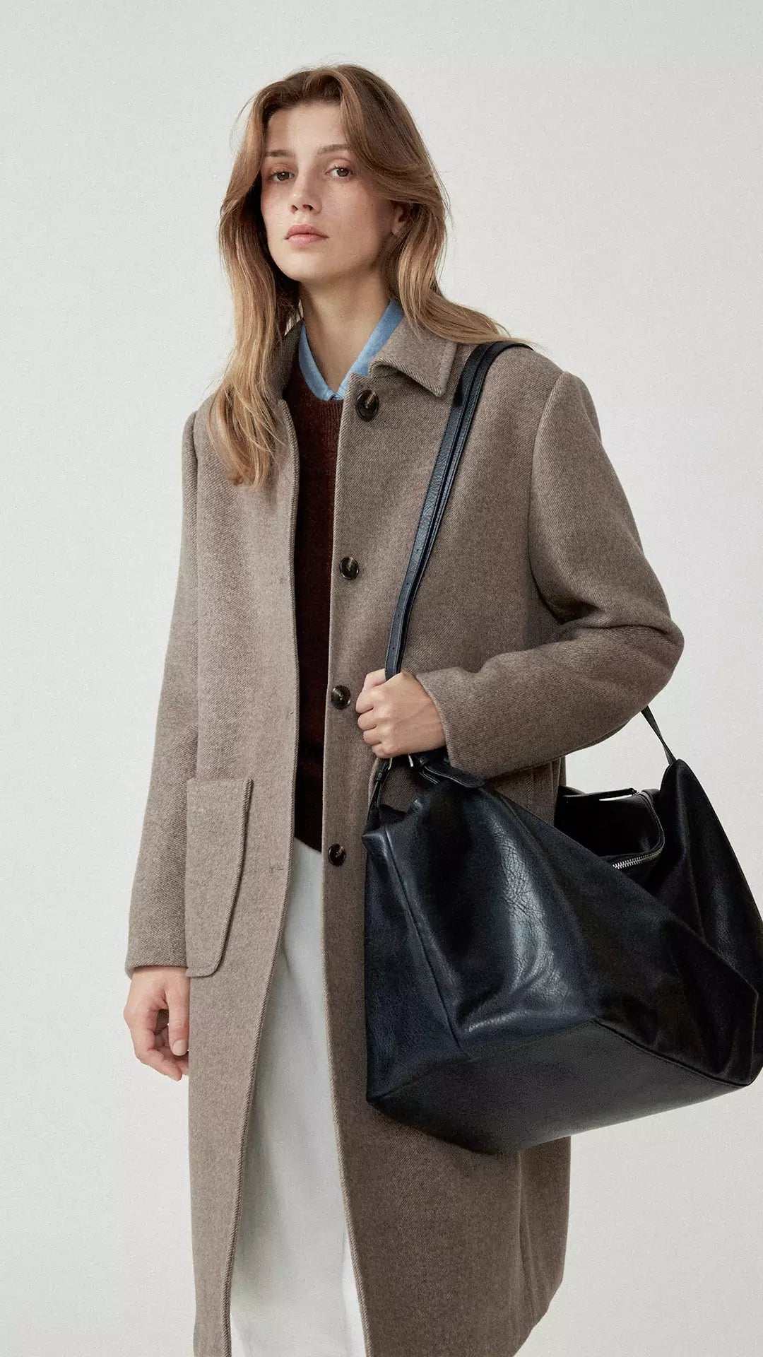 Long Pure Wool Turn-Down Collar Coat