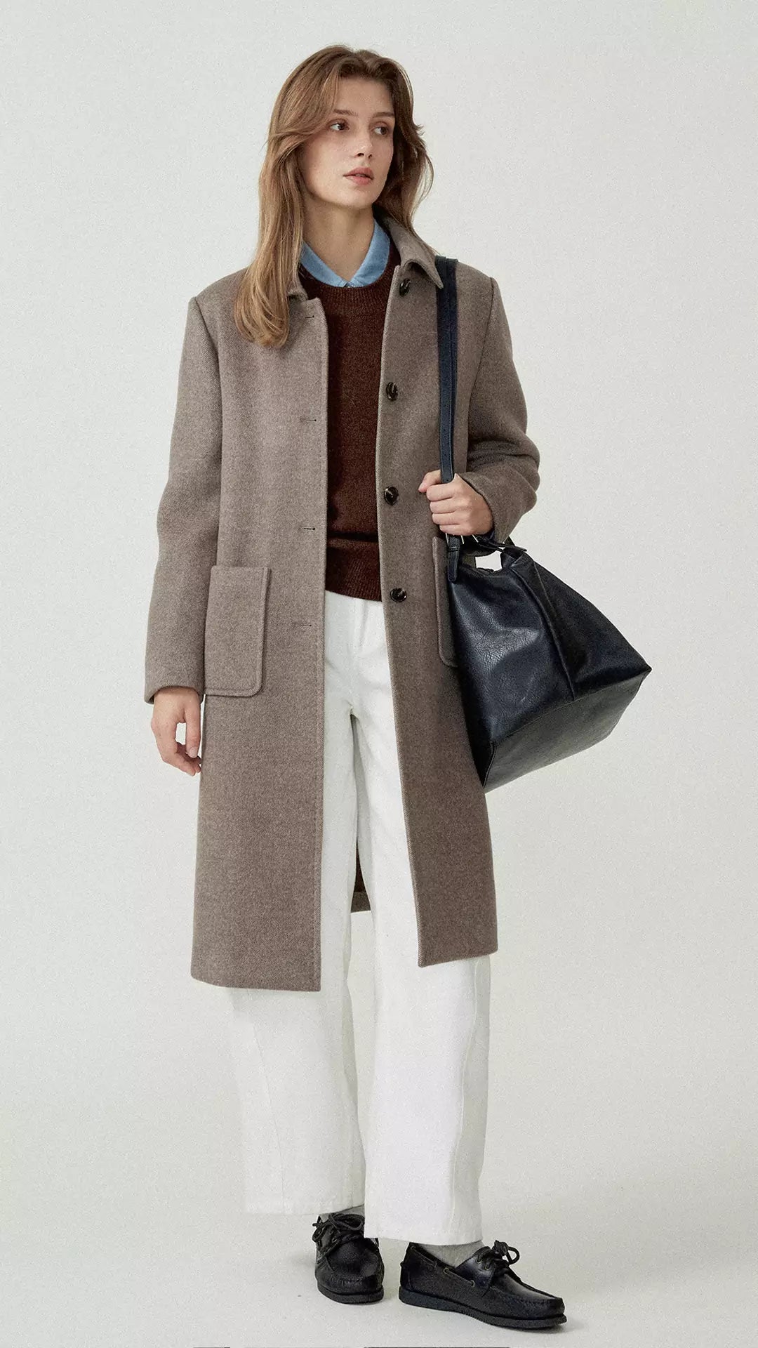 Long Pure Wool Turn-Down Collar Coat