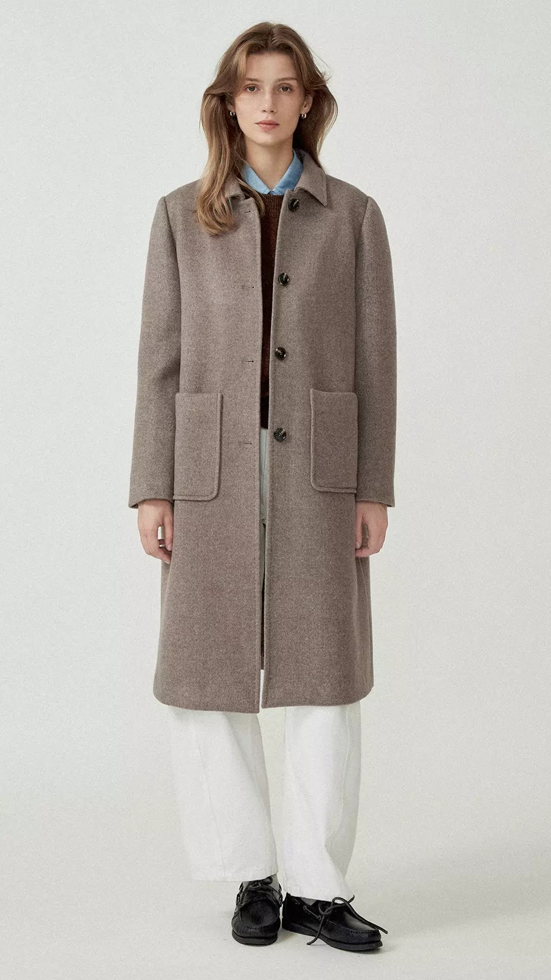 Long Pure Wool Turn-Down Collar Coat