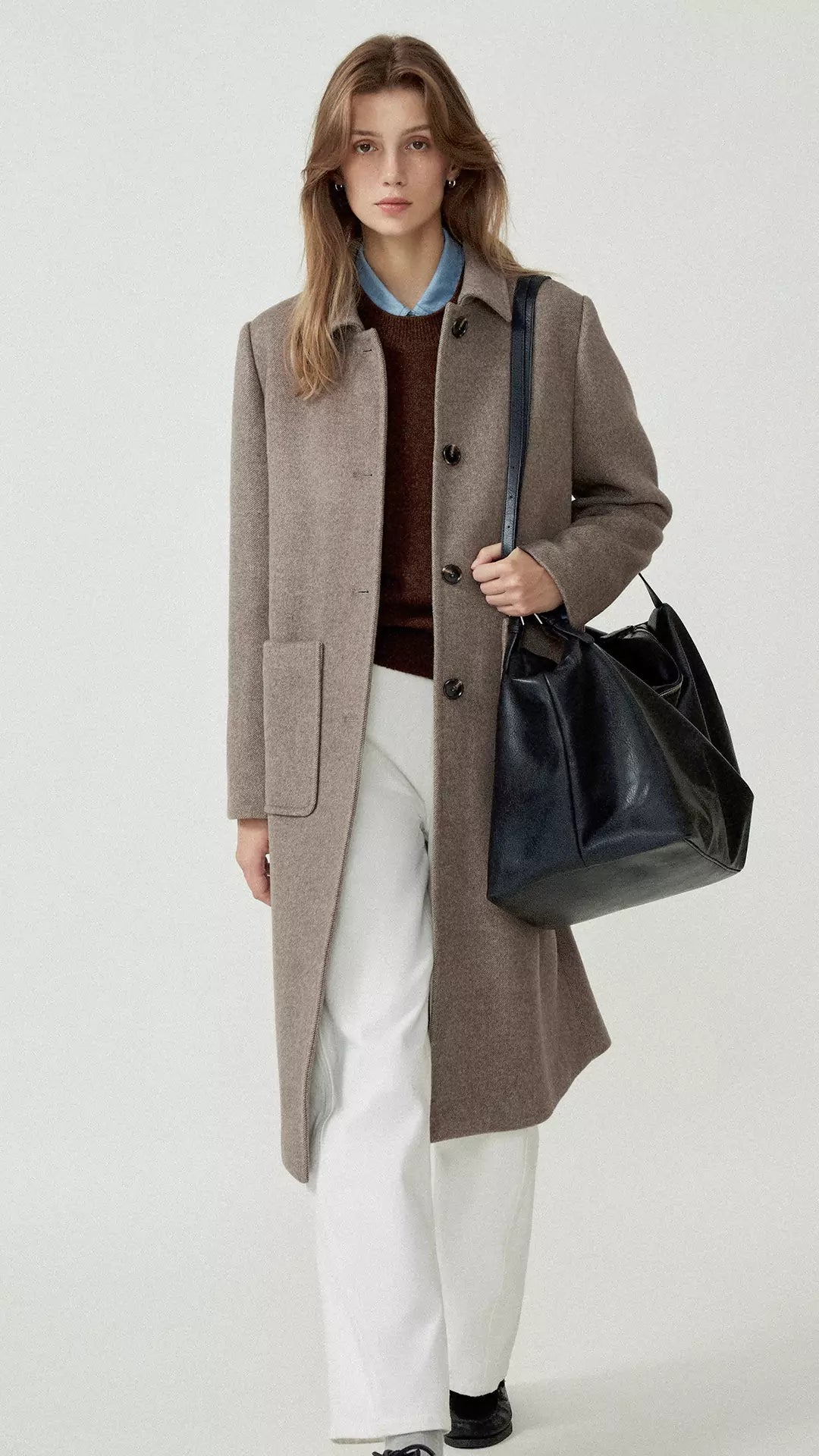 Long Pure Wool Turn-Down Collar Coat