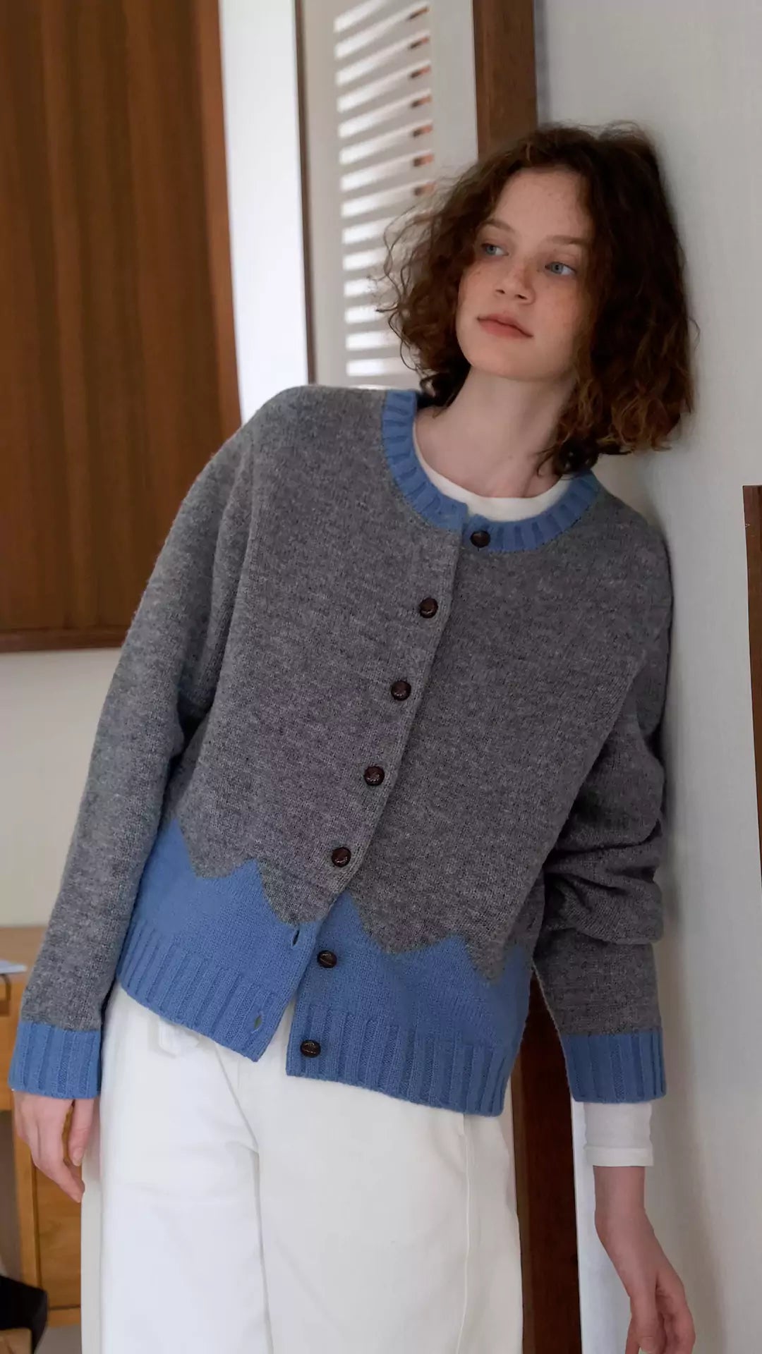 Two-Tone Loose Knit Cardigan in Merino Wool