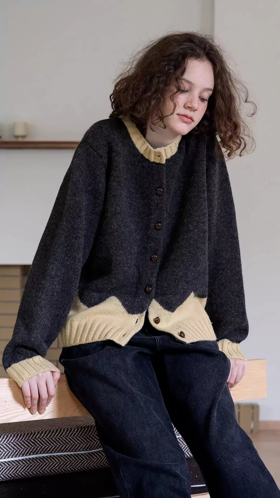 Two-Tone Loose Knit Cardigan in Merino Wool