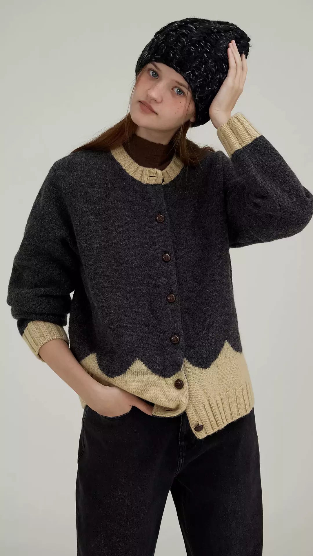 Two-Tone Loose Knit Cardigan in Merino Wool