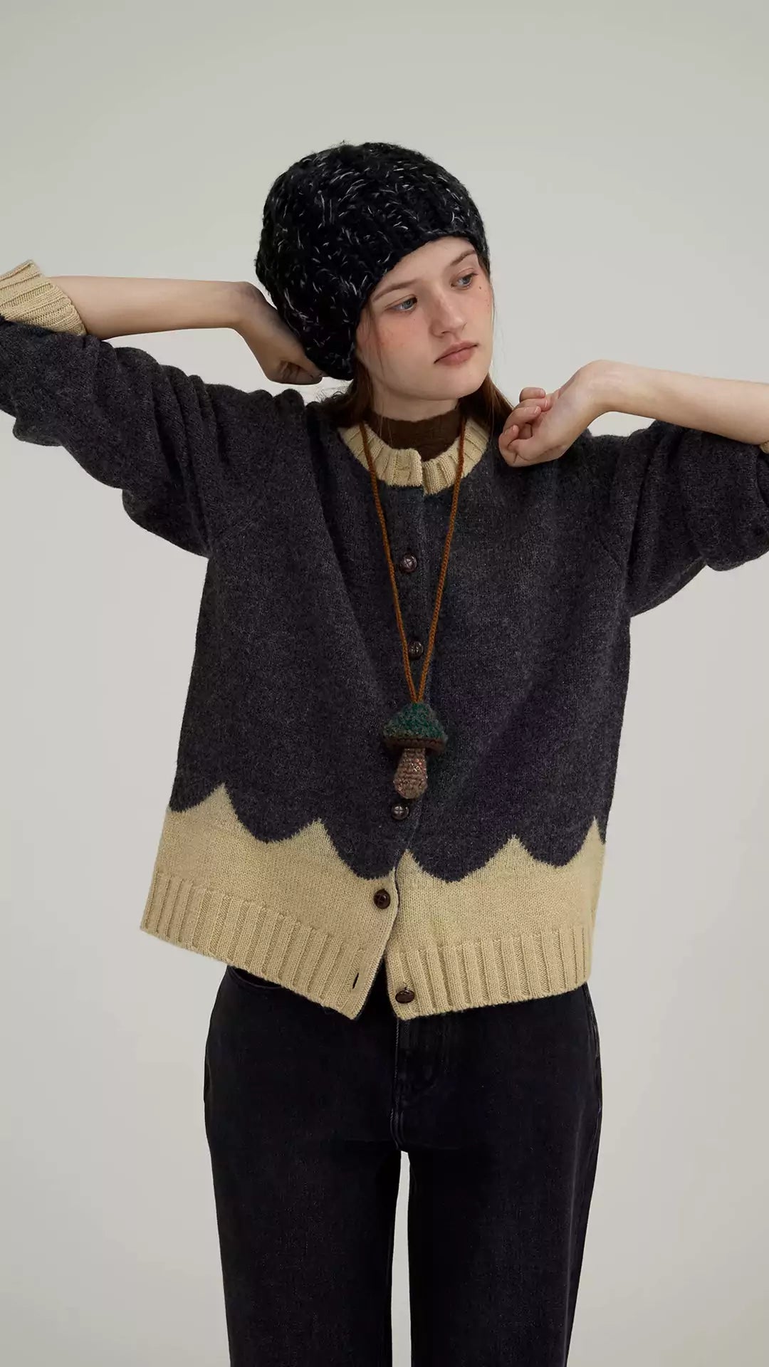 Two-Tone Loose Knit Cardigan in Merino Wool