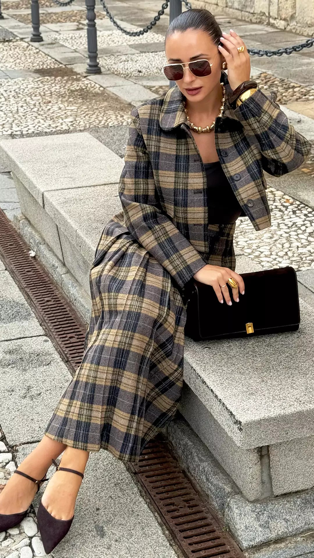 British Style Plaid Wool Coat