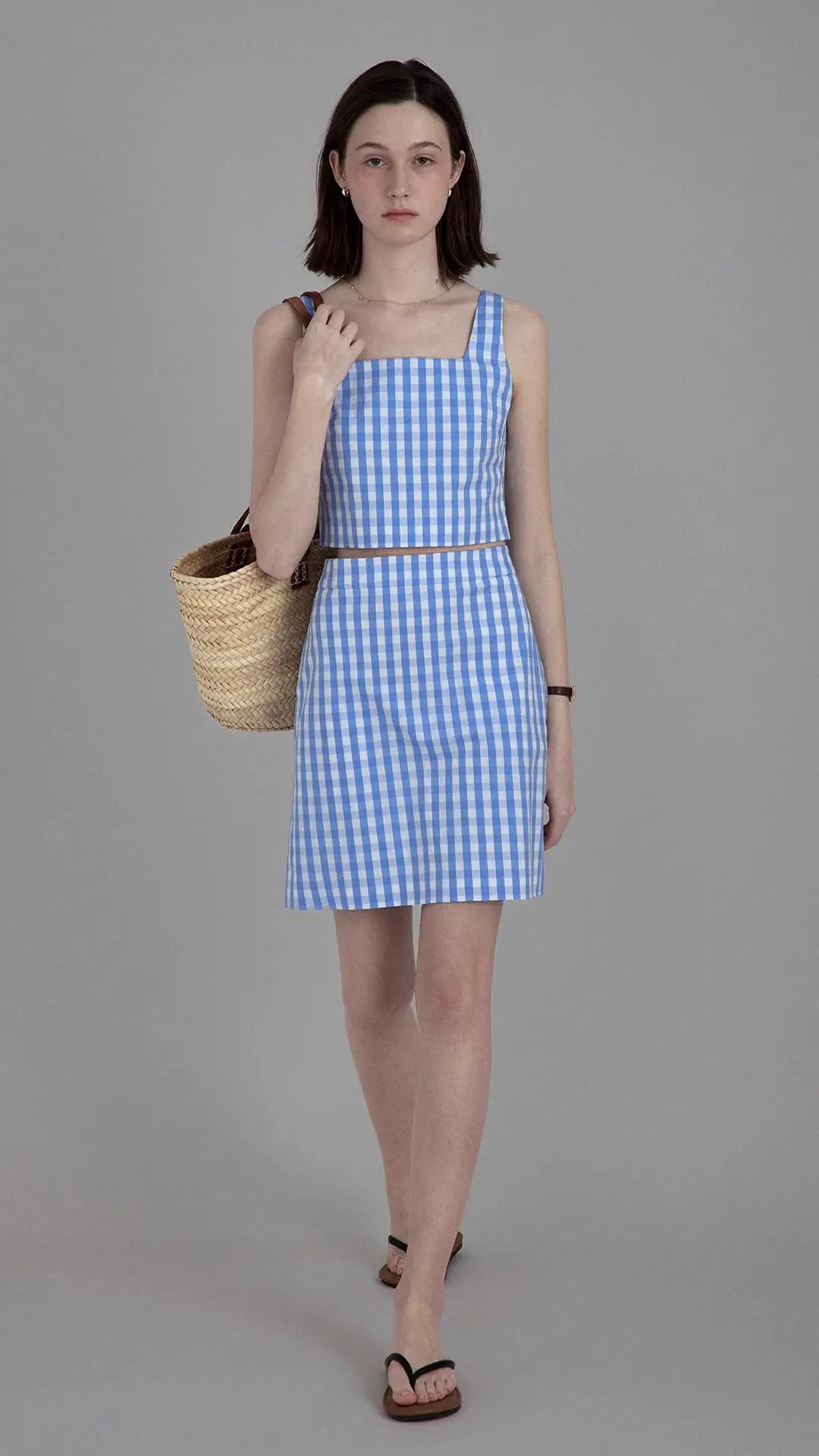 Linen Simple Strappy plaid Tank Top /Skirt