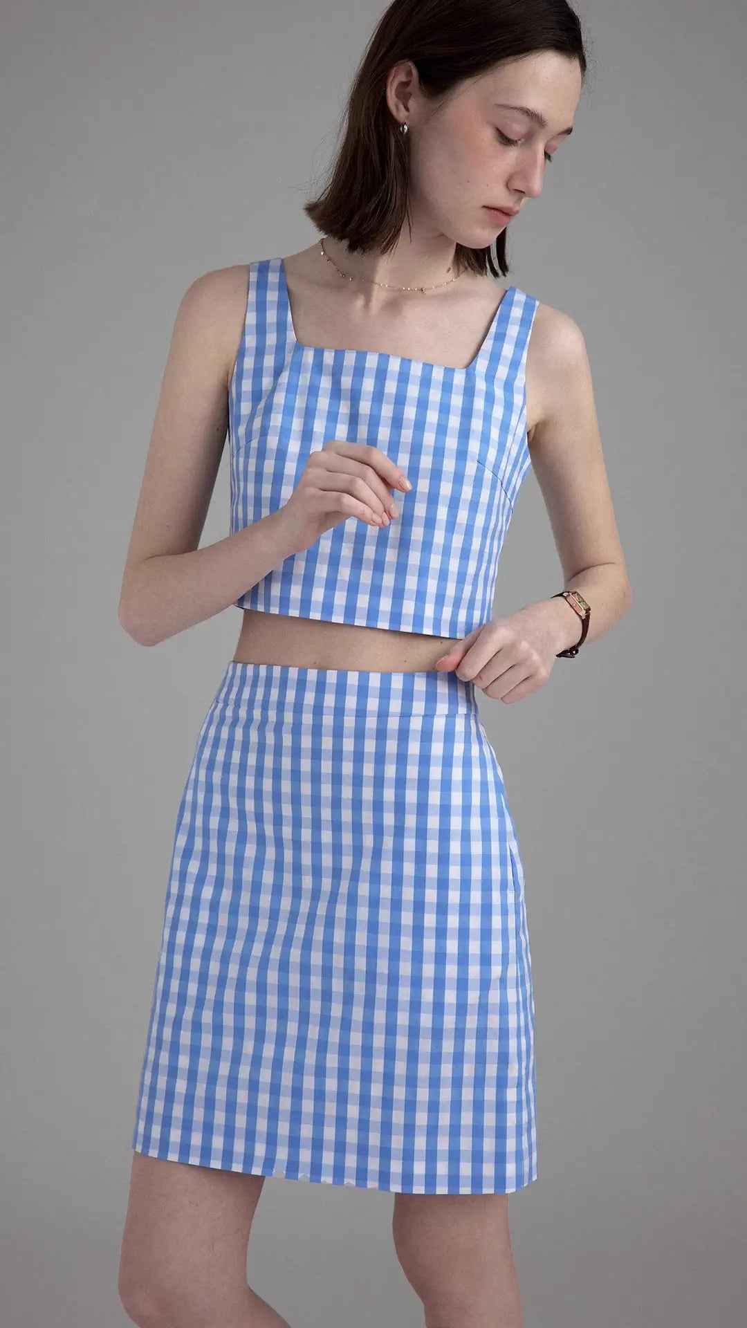 Linen Simple Strappy plaid Tank Top /Skirt