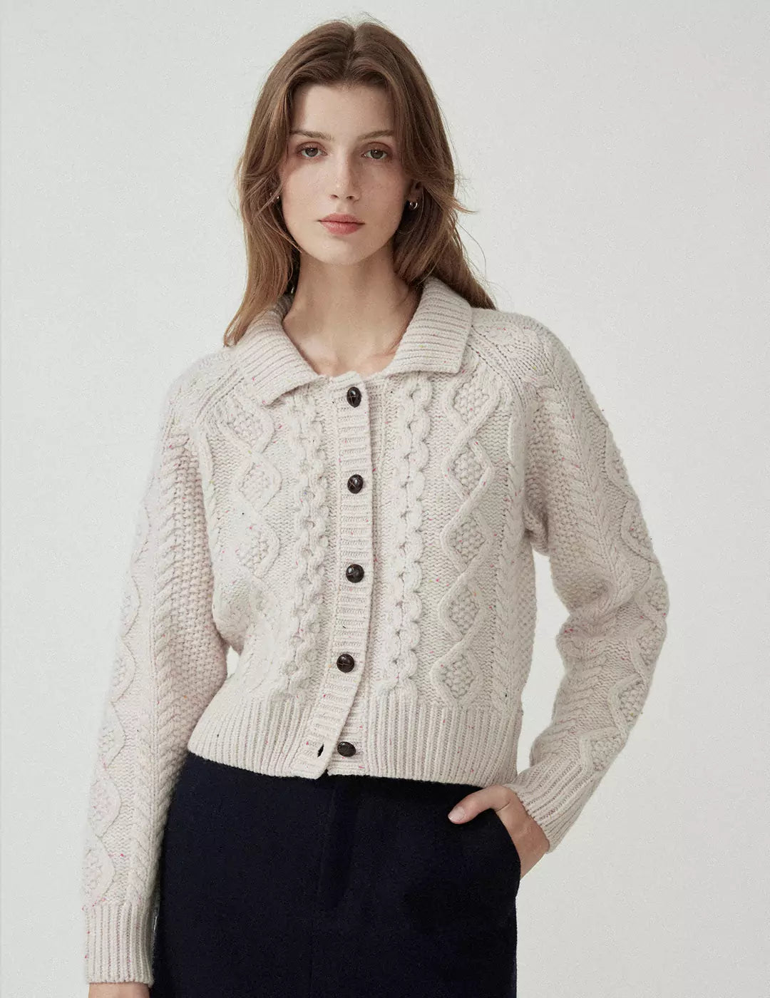 Cable Knit Collar Wool Cardigan