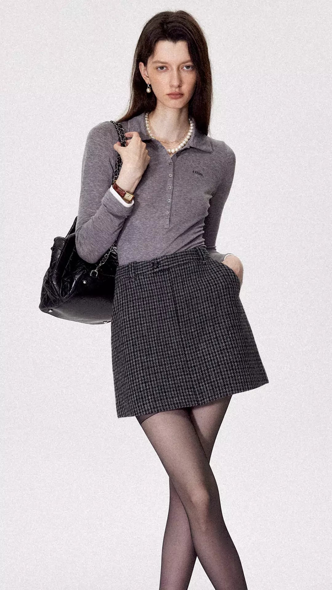 Houndstooth Checked Wool-Blend Mini Skirt