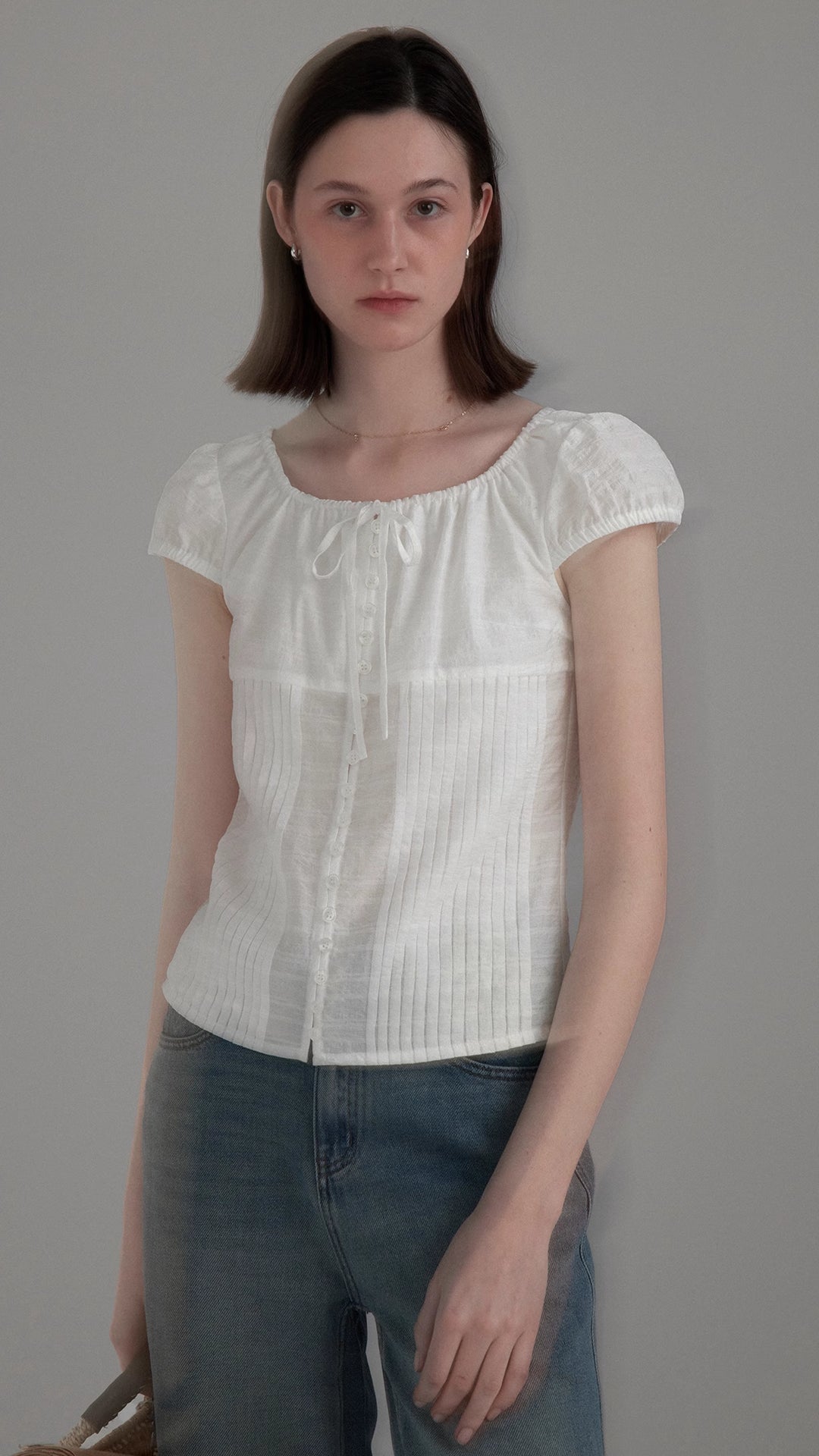 Summer jacquard textured puff sleeve blouse