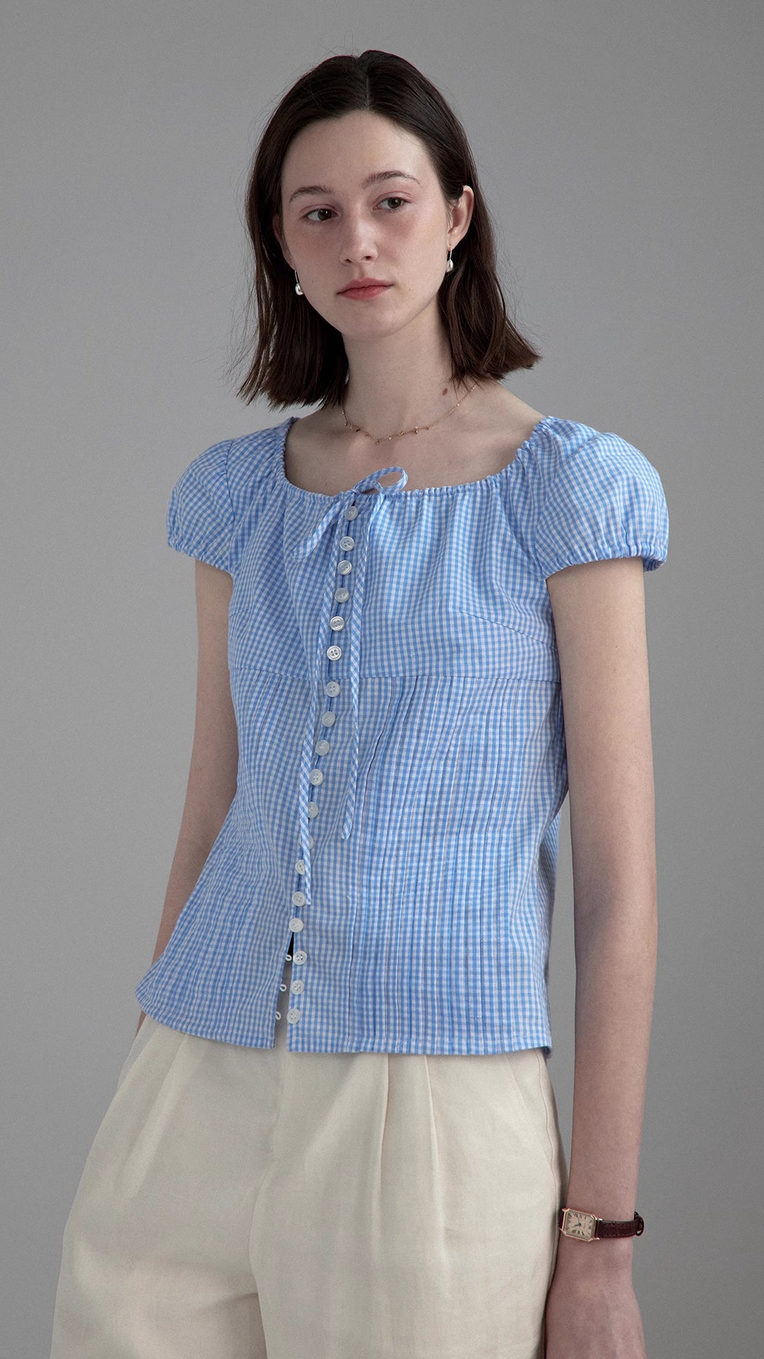 Summer jacquard textured puff sleeve blouse