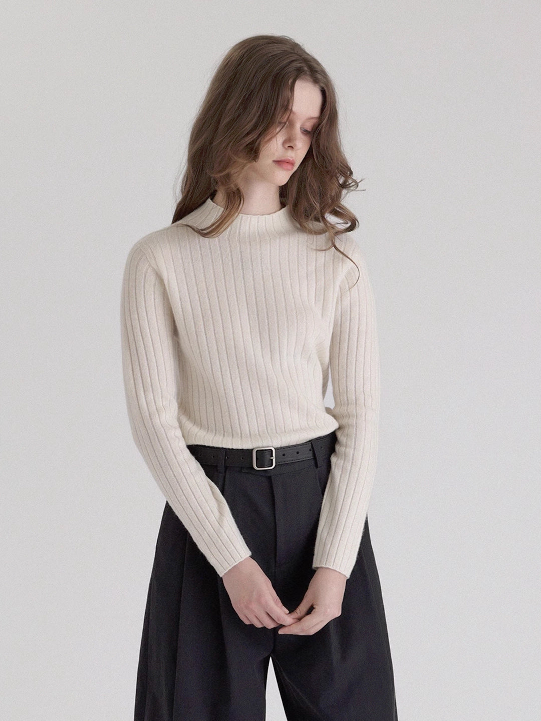 Cashmere Rib Knit Mock Neck Sweater