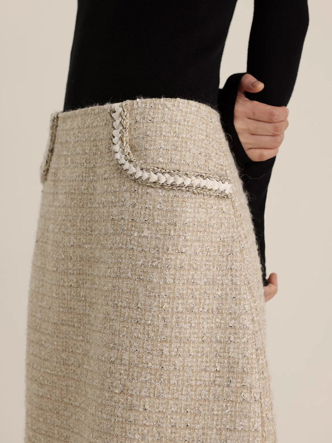 Fringe Midi Skirt in Wool Blend Tweed