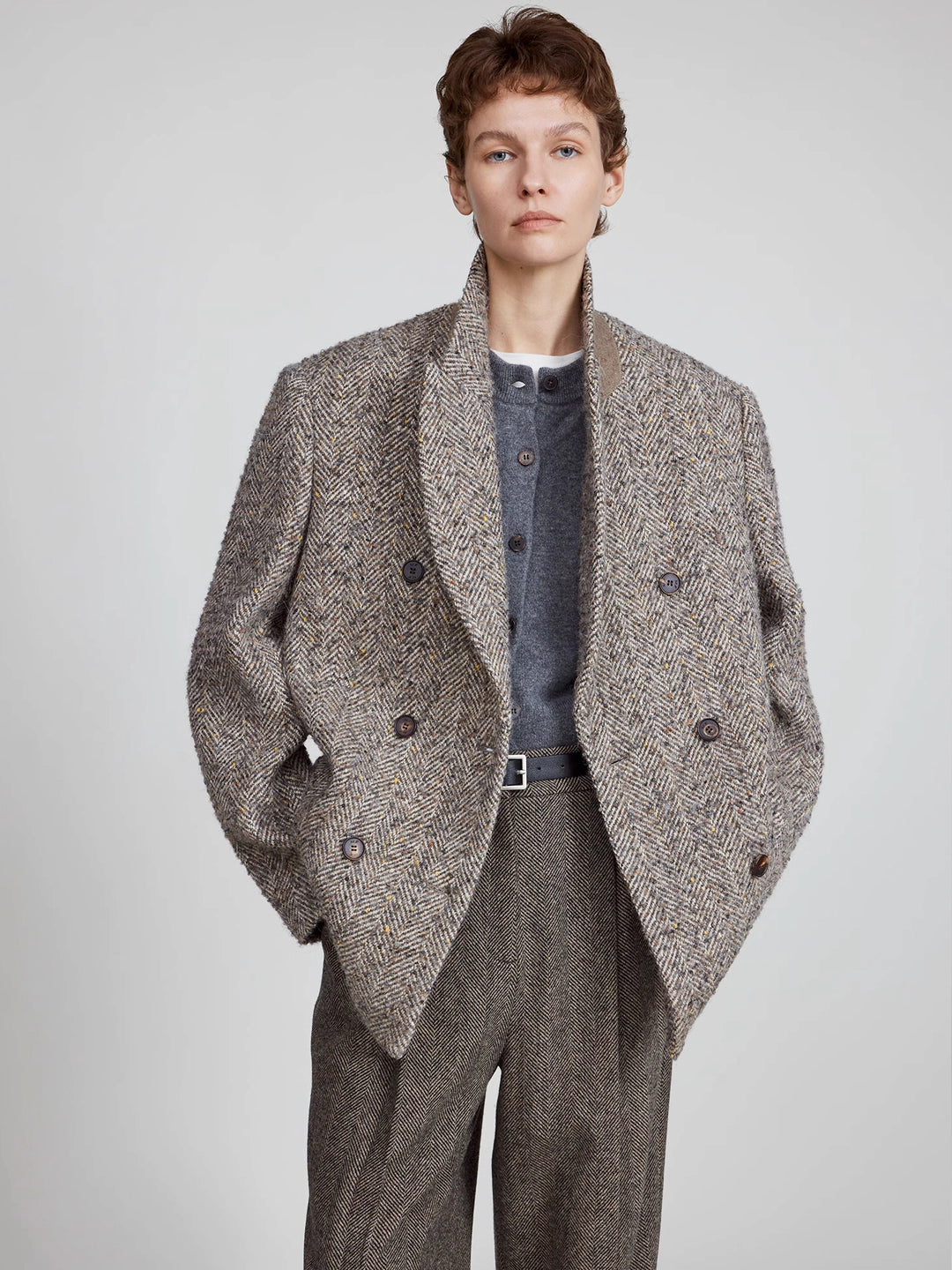 Loose H-Shape Blazer In Wool Herringbone