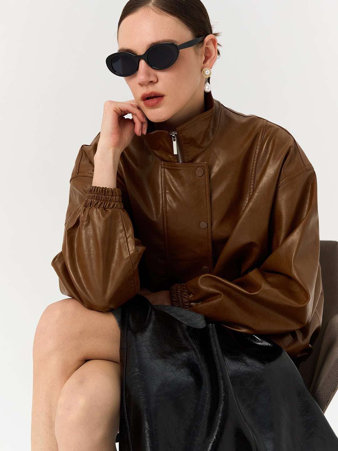 Waxed Faux Leather Oversized Bomber Jacket