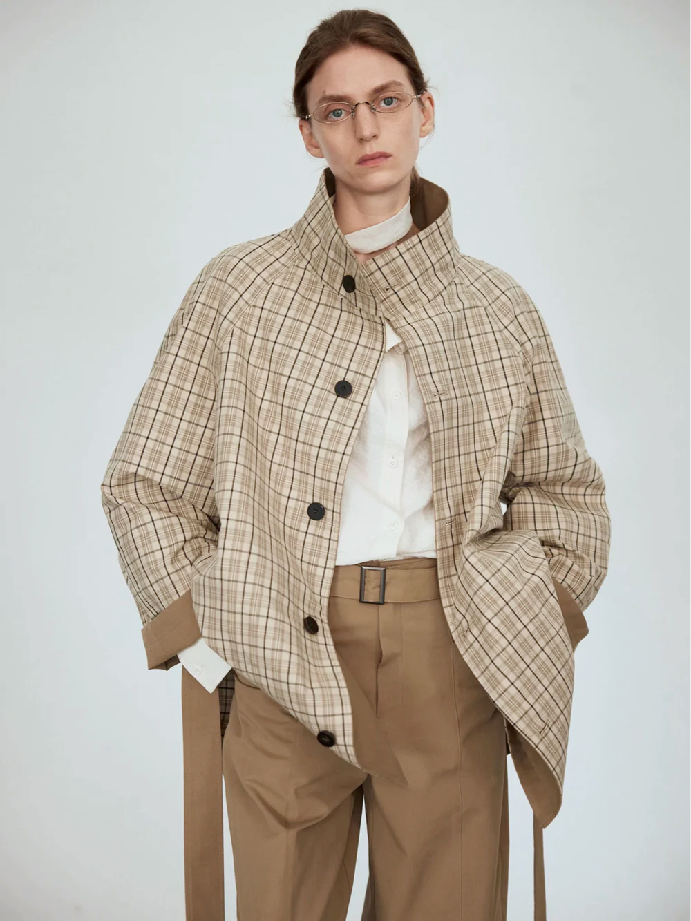 Reversible Checkered Trench Coat with Stand Collar