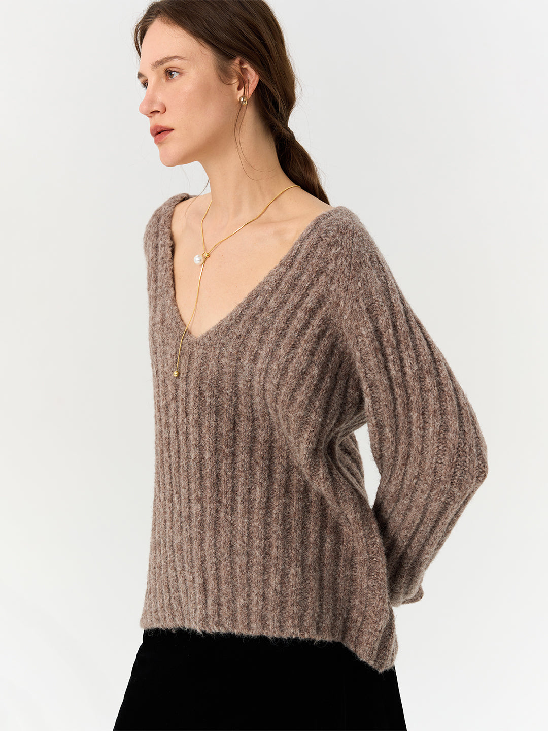 Deep V-Neck Loose Knitted Pullover Sweater