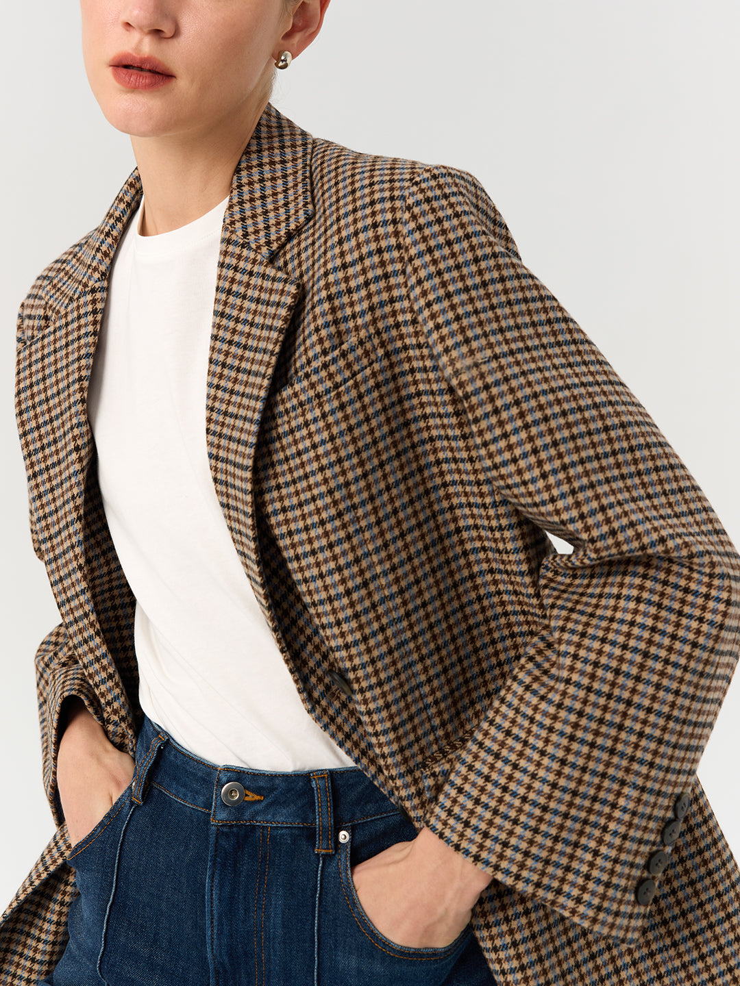 Houndstooth Double-Breasted Casual Blazer