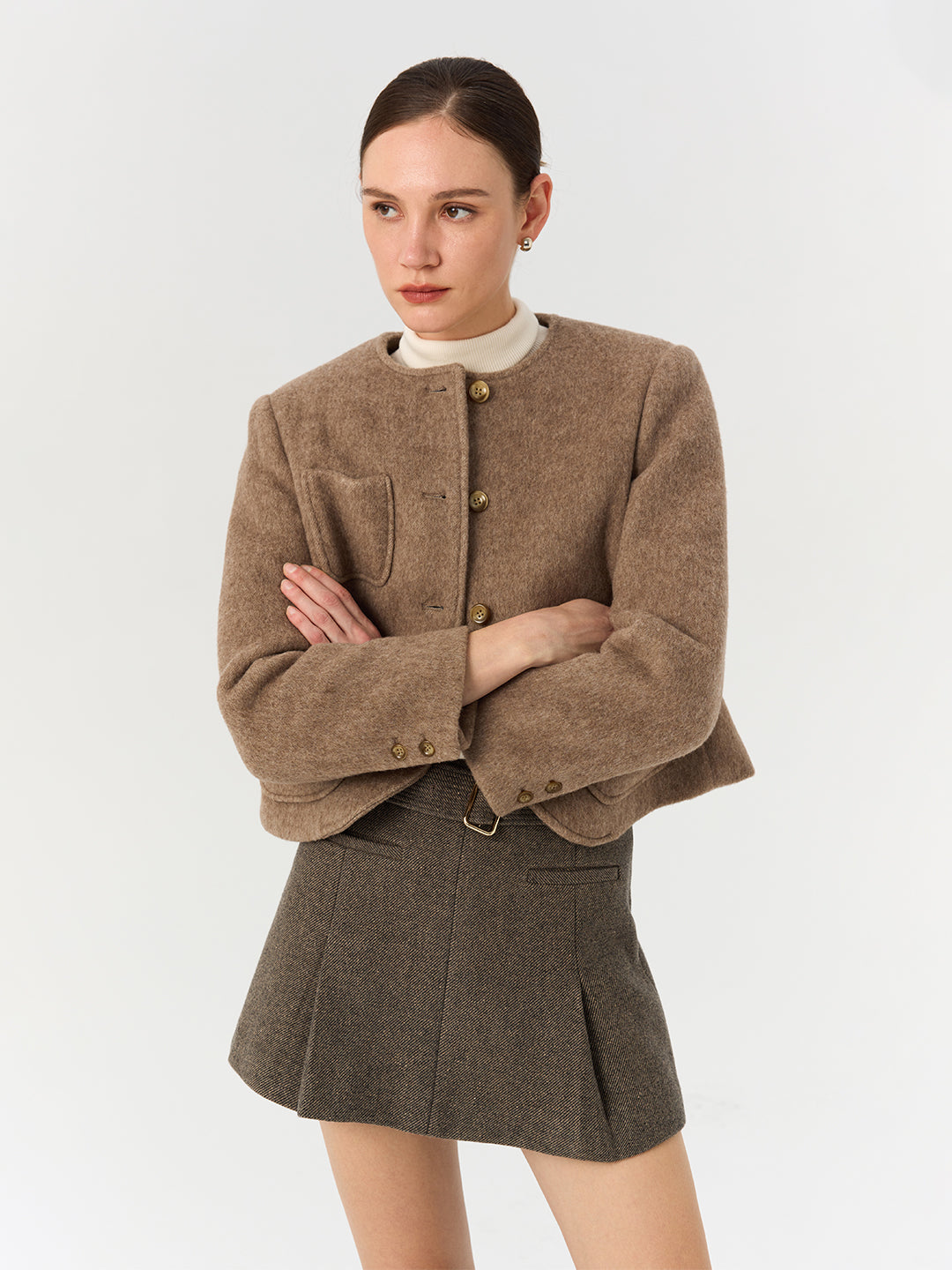 Pure Alpaca Wool Round Neck Short Jacket